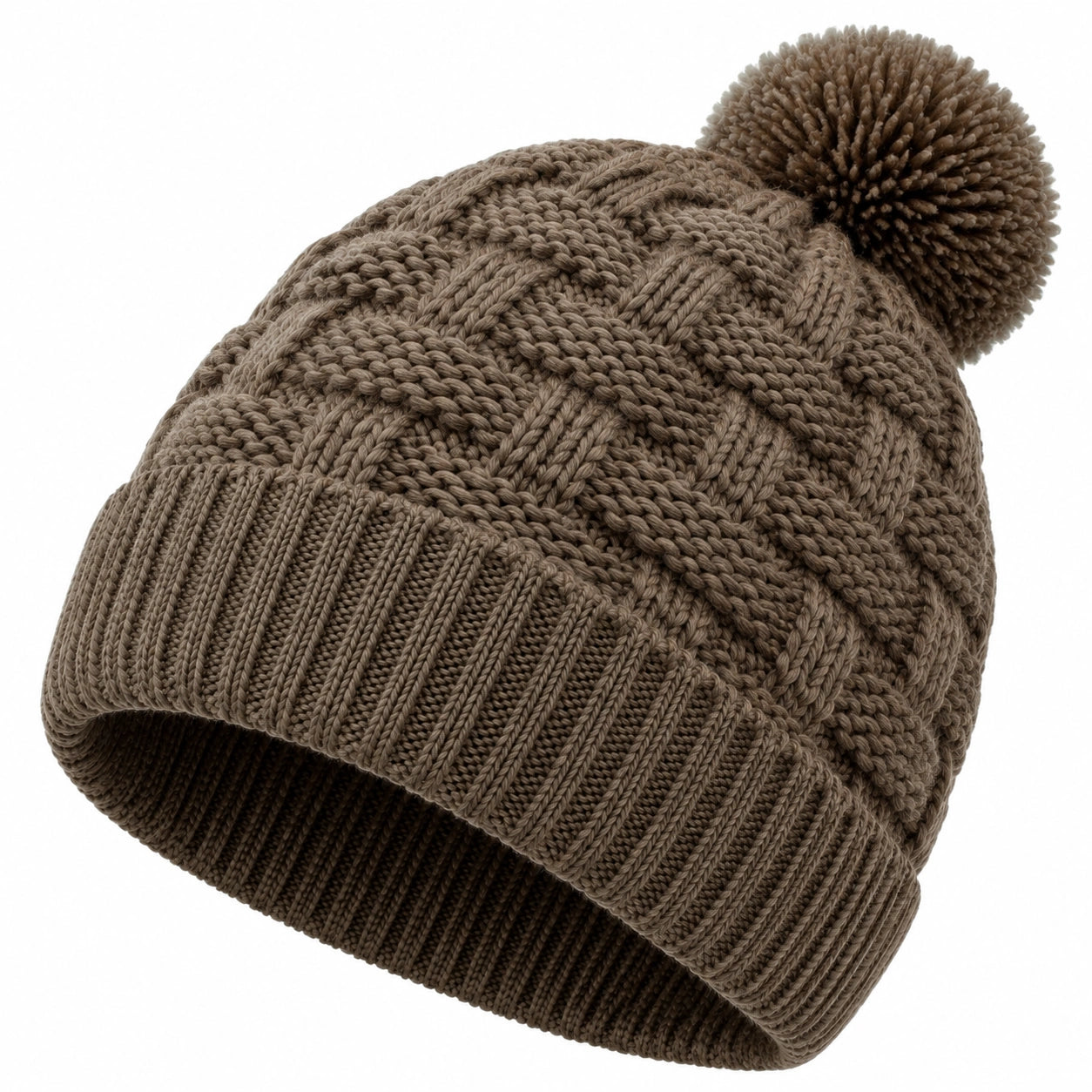 Berretto in maglia a taglia unica marrone talpa con pompon - accessorio invernale a coste