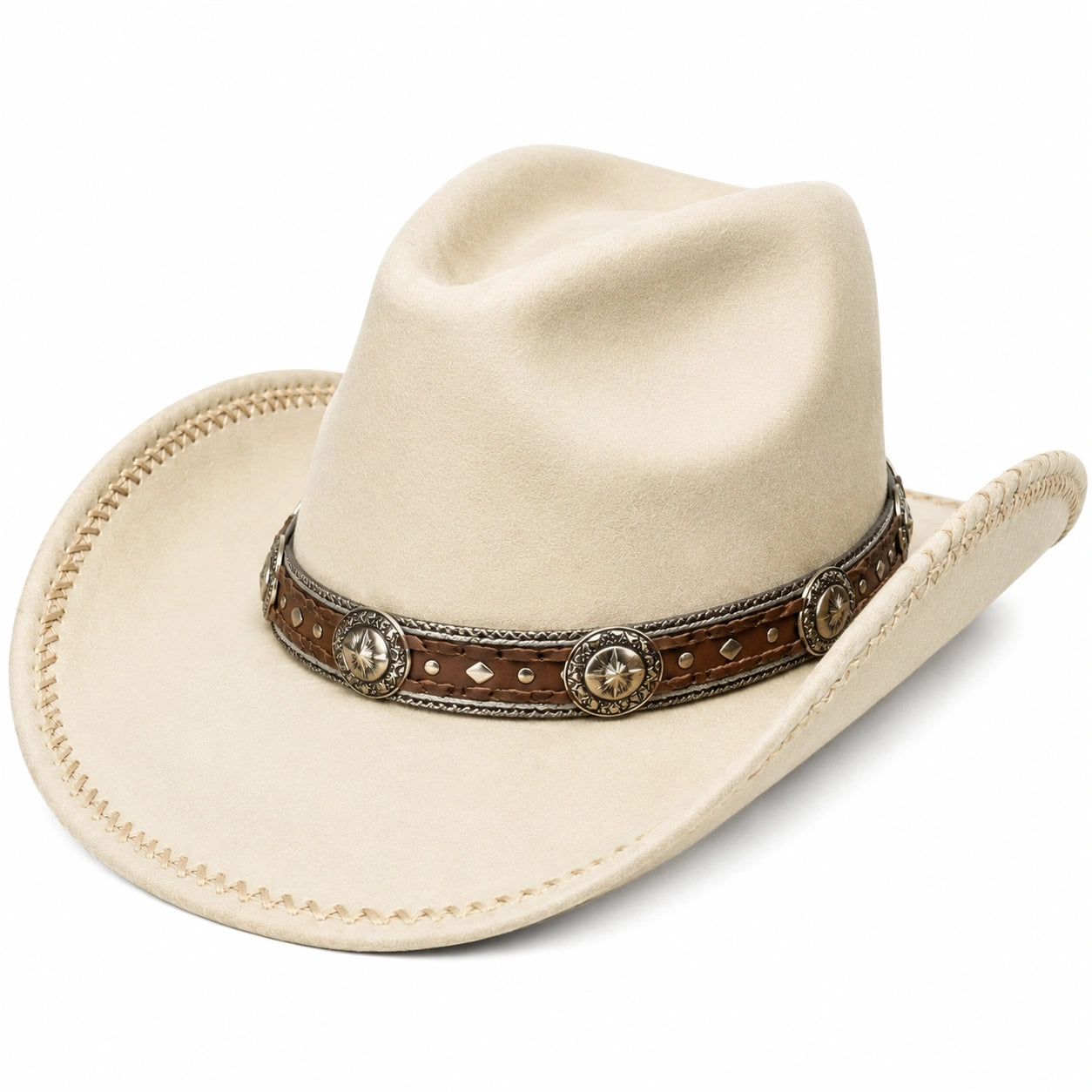 Cappello cowboy taglia unica beige effetto scamosciato con fascia decorativa stile western