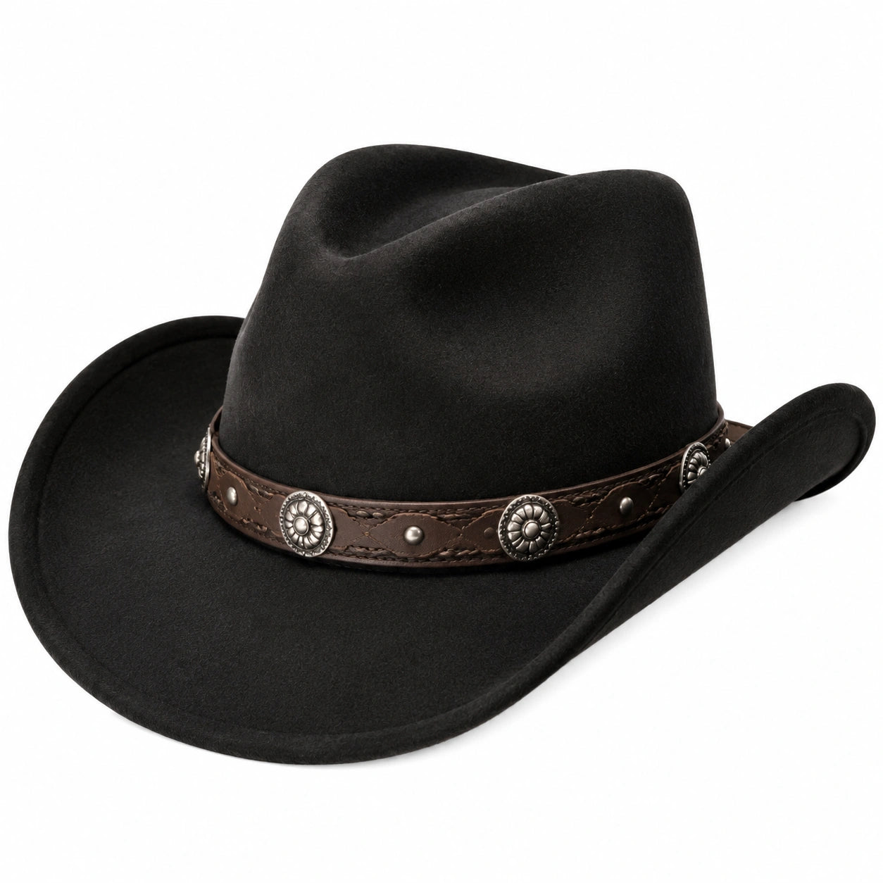 Cappello da cowboy taglia unica in feltro nero con fascia marrone stile western