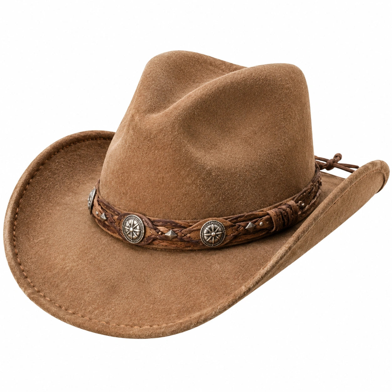 Cappello western taglia unica marrone effetto scamosciato con fascia decorativa regolabile