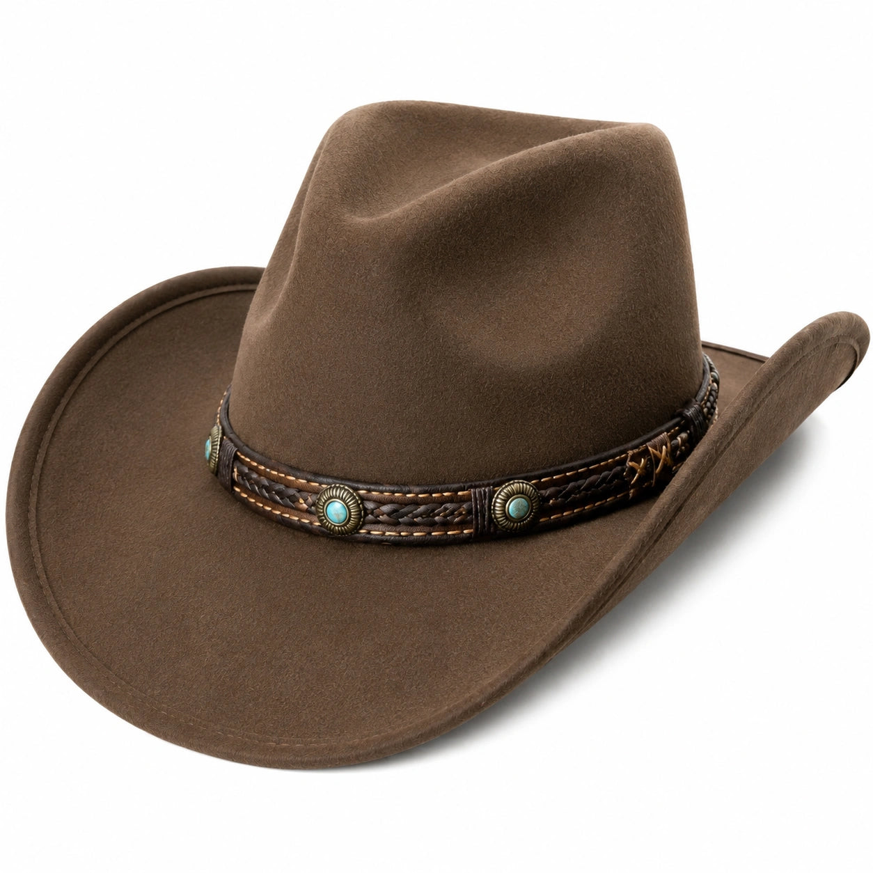 Cappello western taglia unica in tessuto effetto camoscio marrone con fascia decorativa