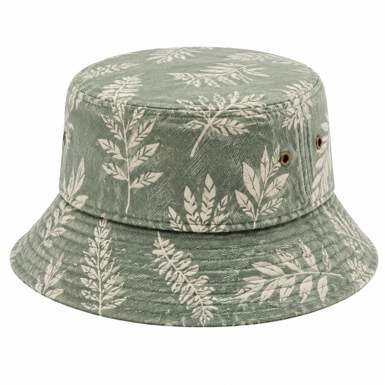 Cappello pescatore taglia unica in tessuto verde salvia con stampa botanica e occhielli traspiranti